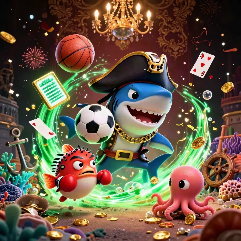 Pirate shark, pufferfish, and octopus amid casino sports props in a treasure cove.