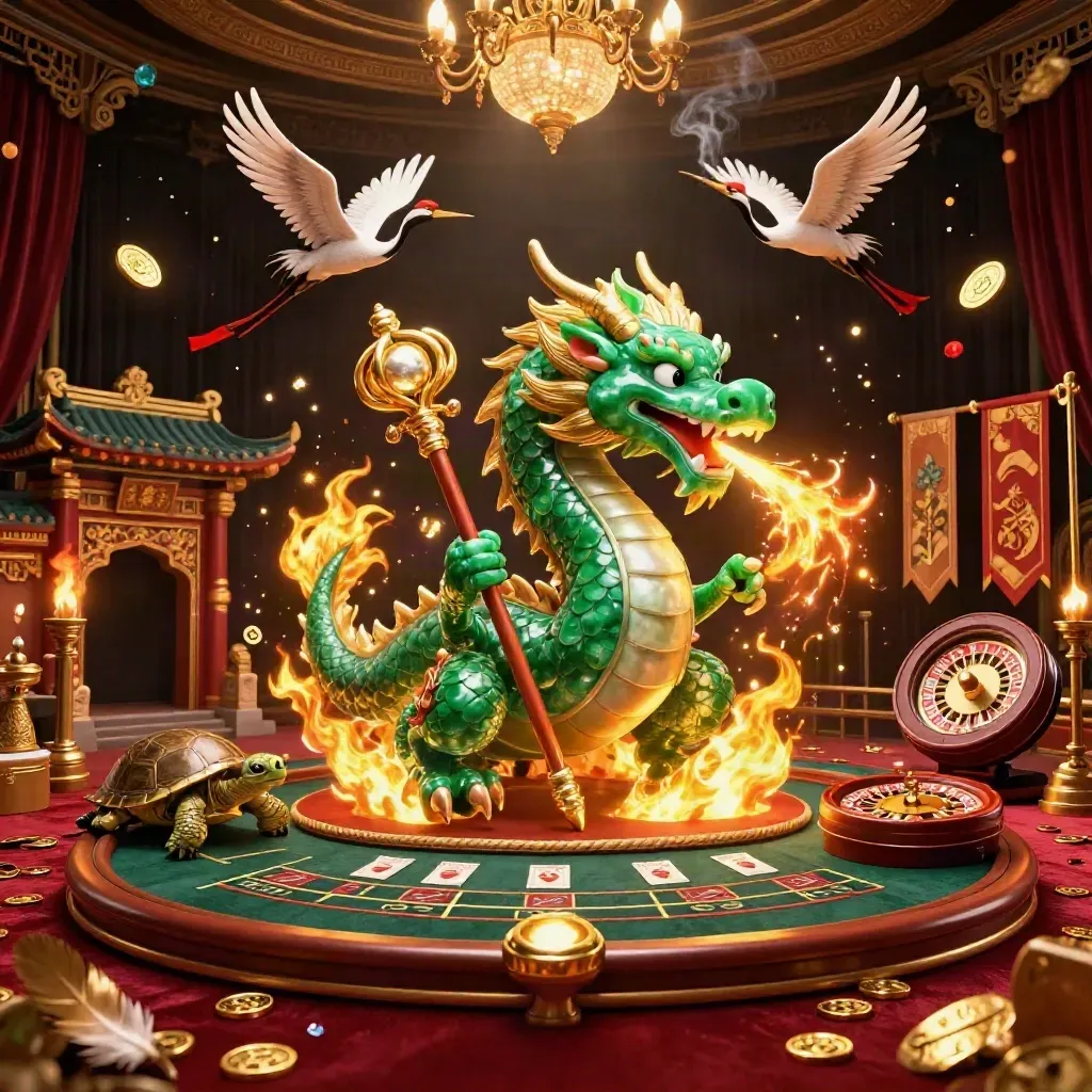 Emerald dragon, turtle sage, and cranes in a luxe casino fantasy room