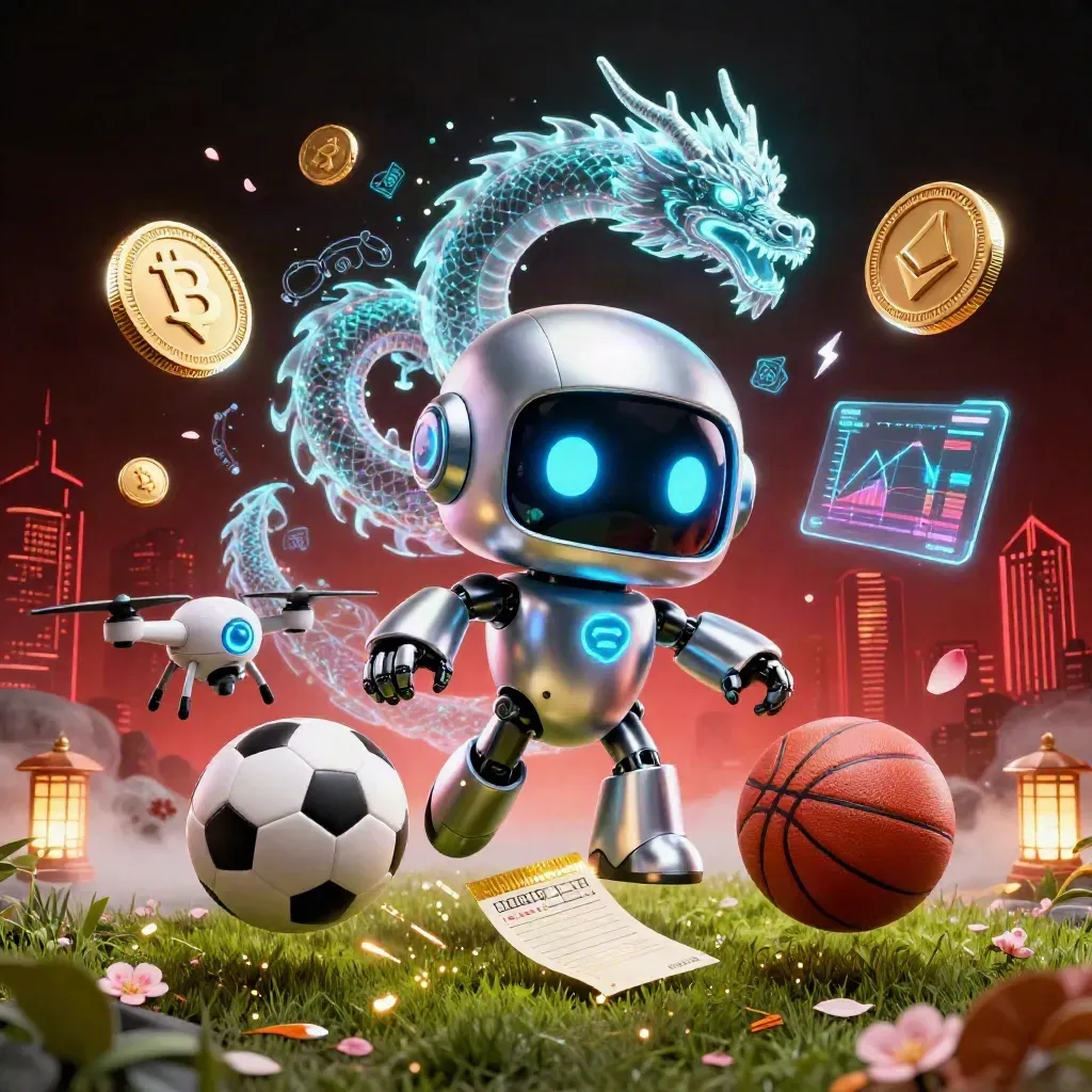 Cyberpunk robot, holographic dragon and coin drone amid sports balls, crypto coins and lightning.