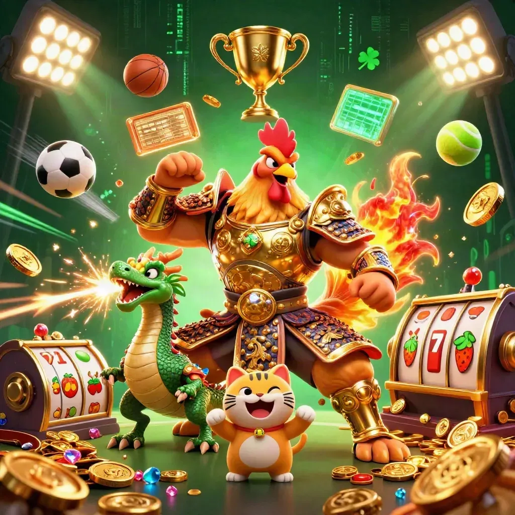 Rooster warrior, dragon hatchling and fortune cat burst with treasure, balls and neon energy.