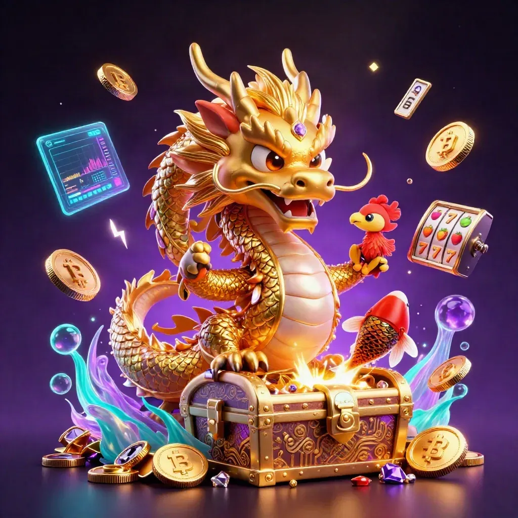 Golden dragon with phoenix and koi amid neon casino treasures and crypto coins.