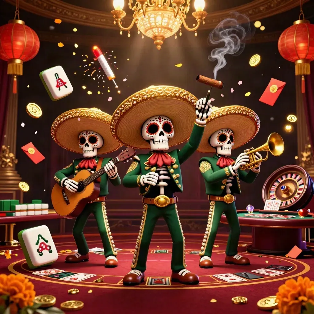 Skeleton mariachi trio in a luxe casino scene with lanterns, mahjong tiles, roulette glow, and gold bokeh.