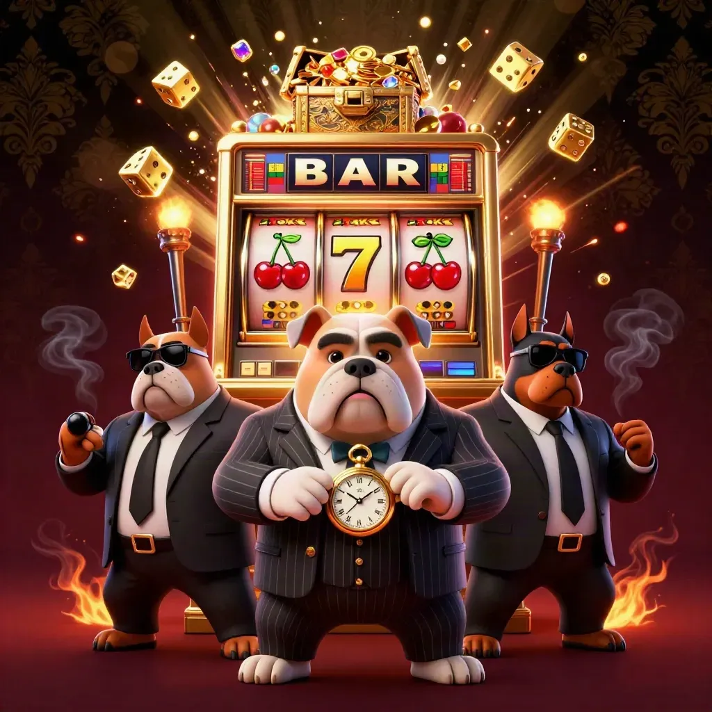Mafia bulldog and Doberman bodyguards amid a bursting slot machine, gold, gems, and emerald light.