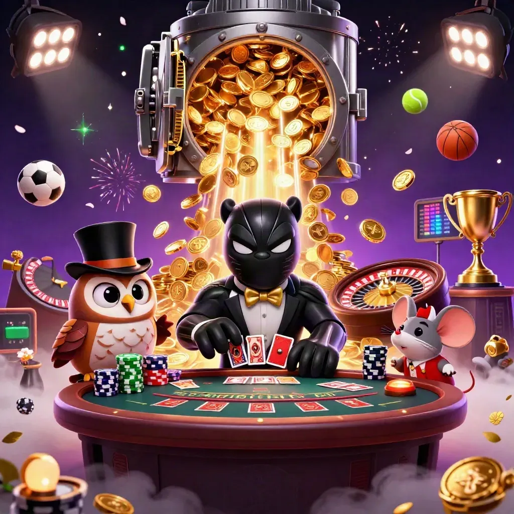 Panther dealer, owl, and mouse amid coins, cards, balls, and fireworks in luxe casino key art