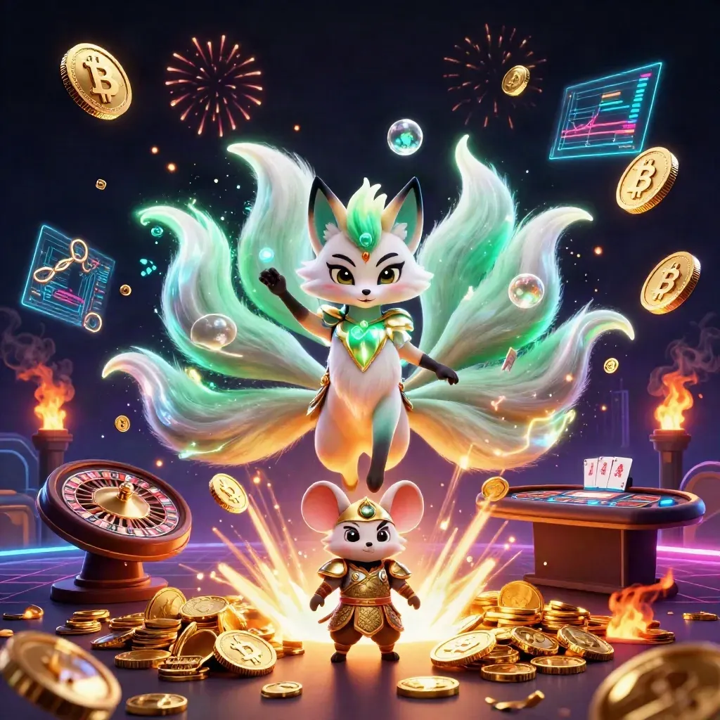 Fox spirit and samurai mouse amid coins, fireworks, and neon casino energy.