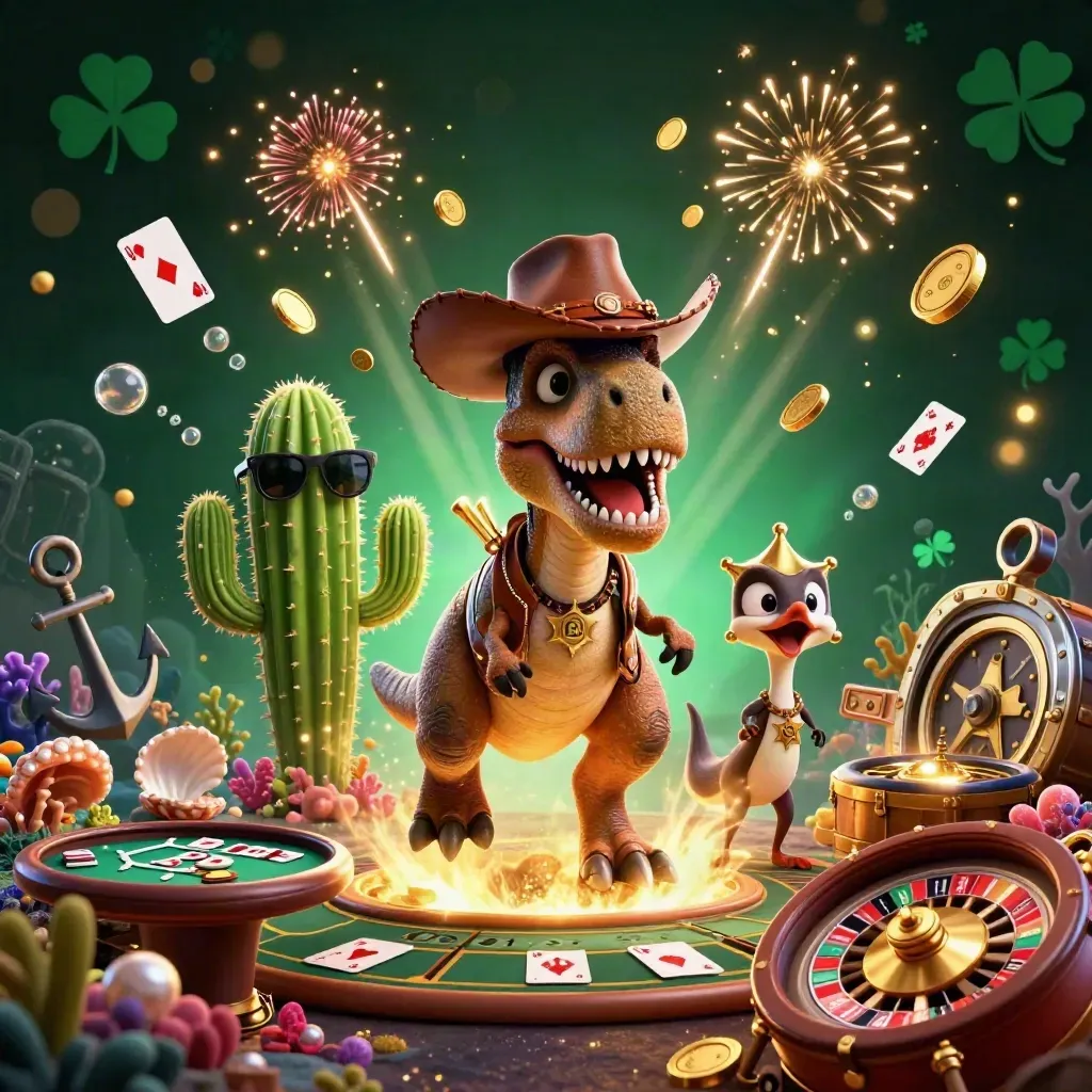 Cowboy T-Rex, cactus sidekick, and sheriff roadrunner amid coins, coral, and casino treasure