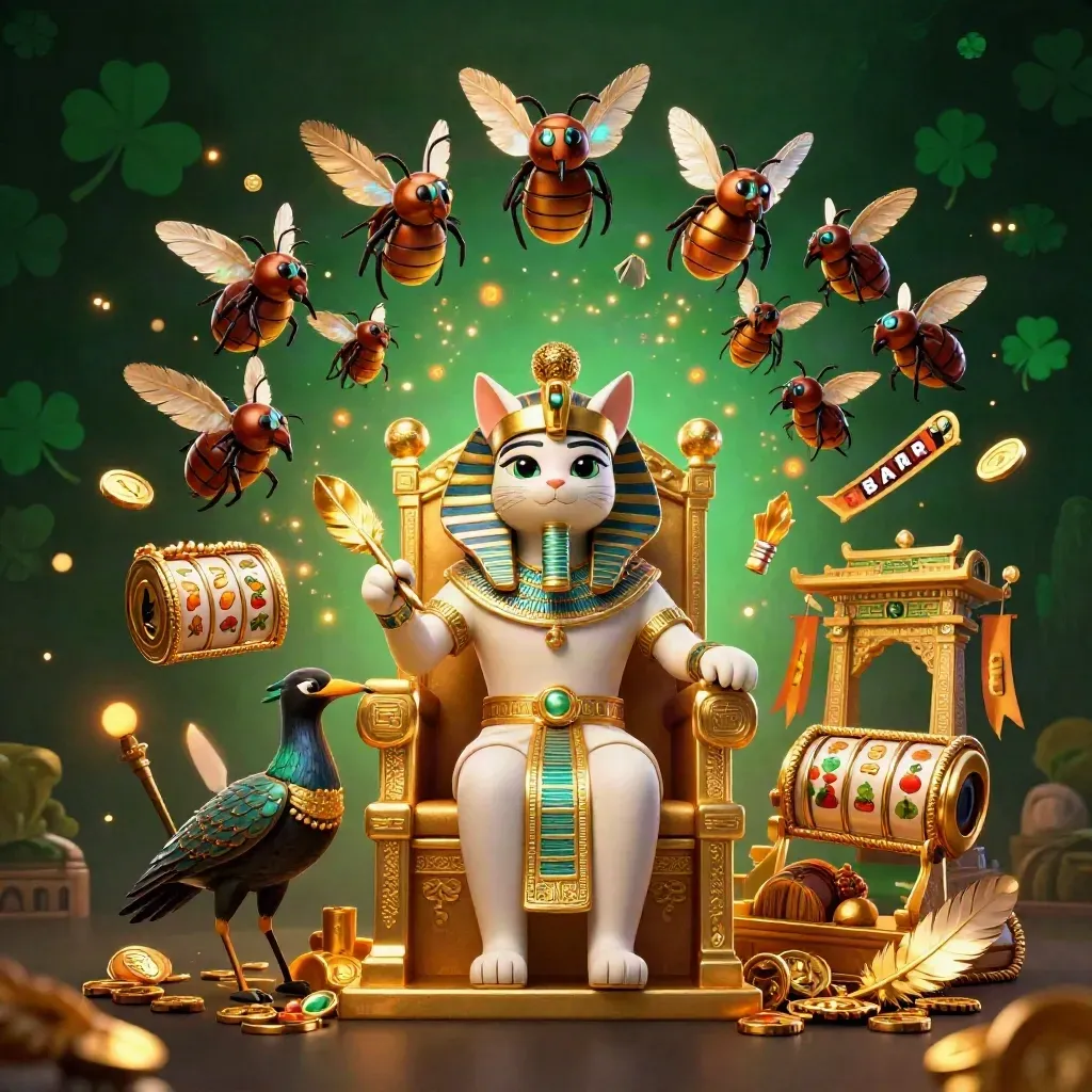 Pharaoh cat throne hero with ibis scribe and scarab wings amid casino gold, emerald and glow.