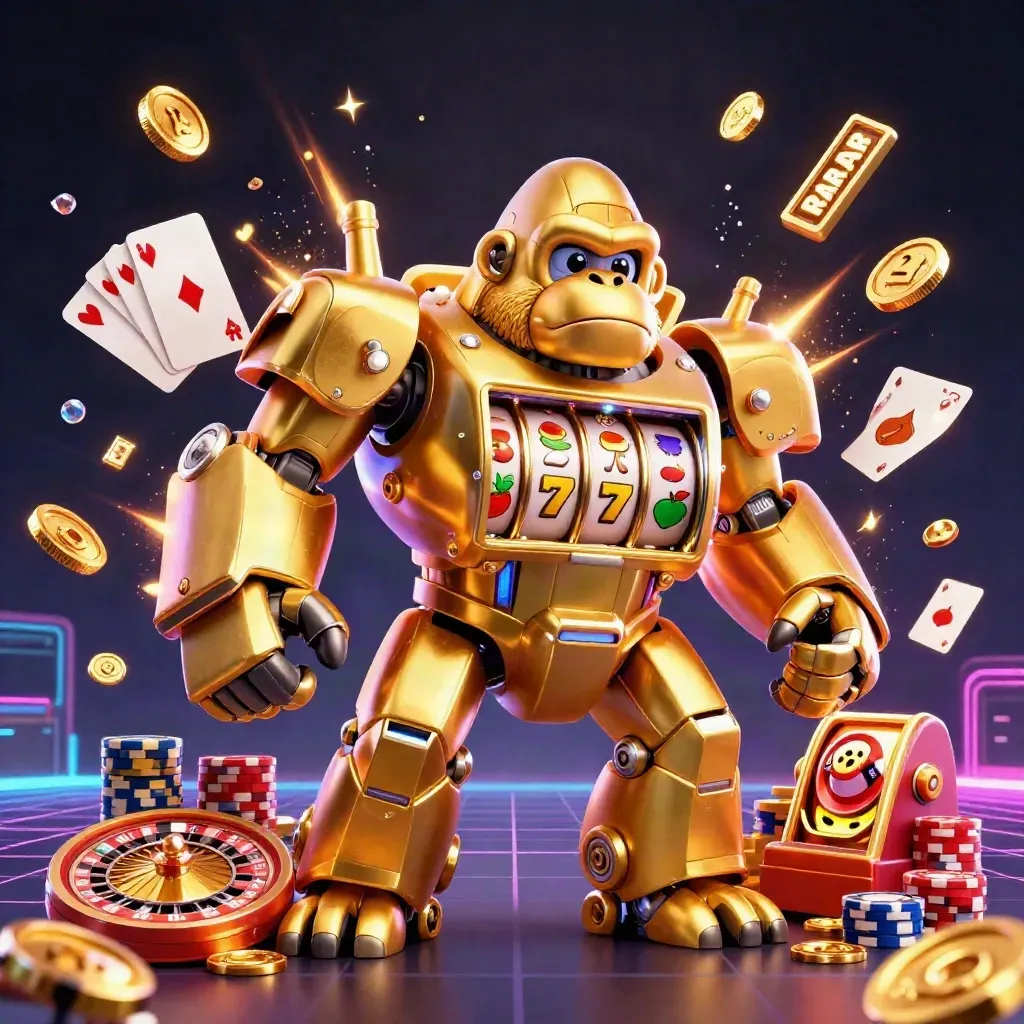 Golden gorilla slot-mech with monkey pilot, coins, roulette wheel, chips, and glowing casino effects