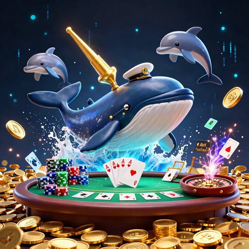 Whale captain, narwhal and dolphins burst from gold coins with cards, chips and neon casino effects.