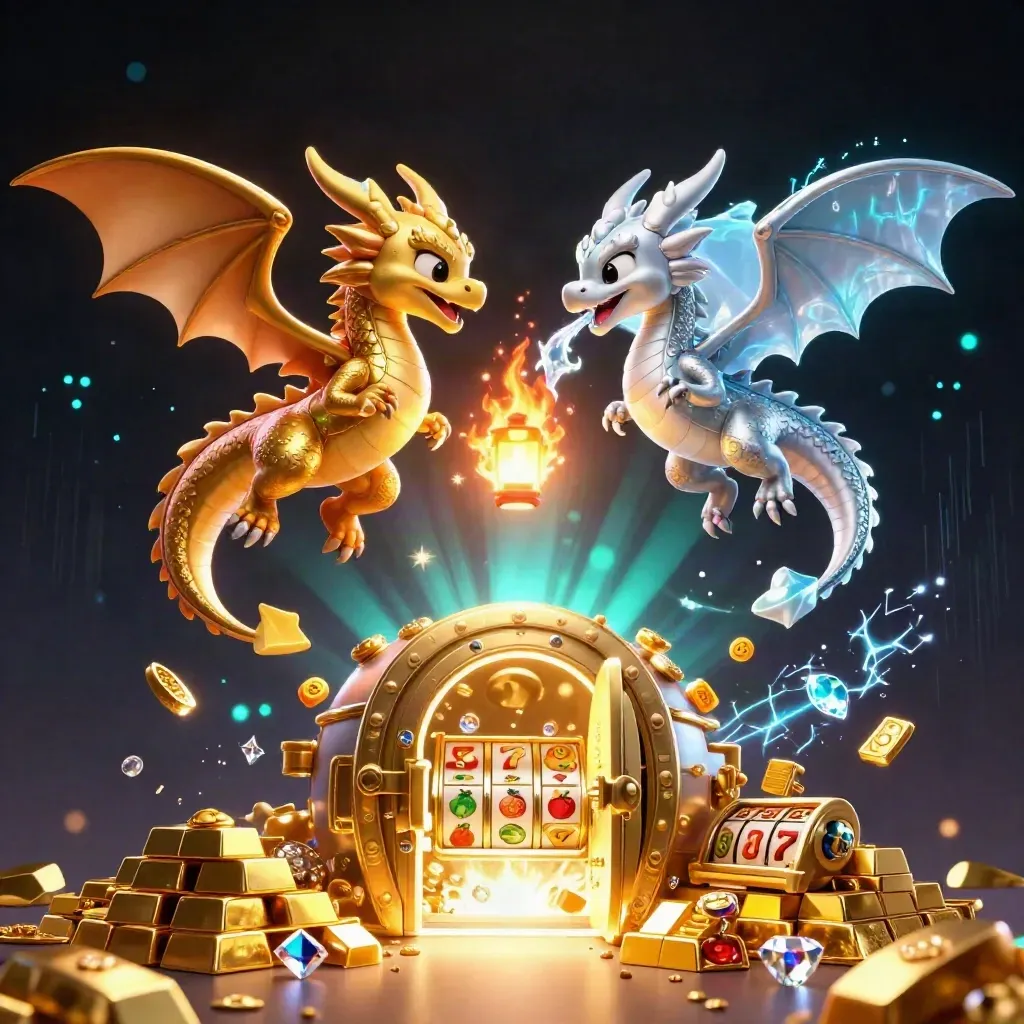 Gold and silver dragons spiral around a lantern spirit amid treasure, gems, and casino lights.