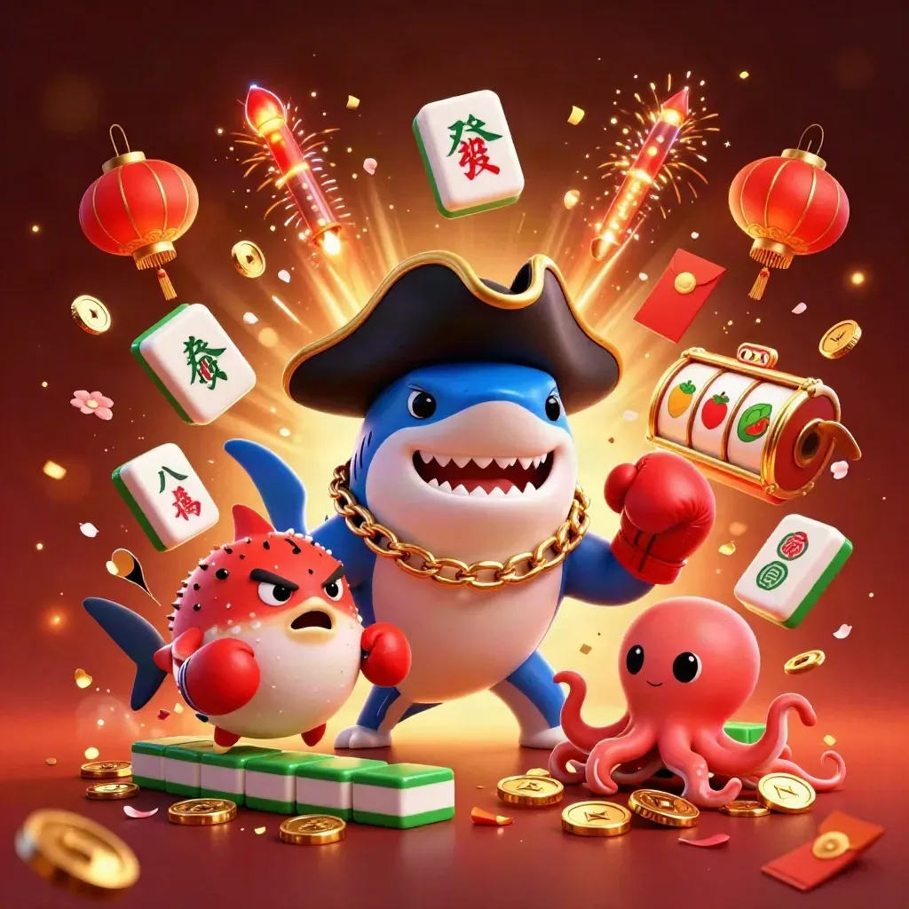 Shark pirate, boxing pufferfish, and coin-juggling octopus amid casino icons in fiery gold light.