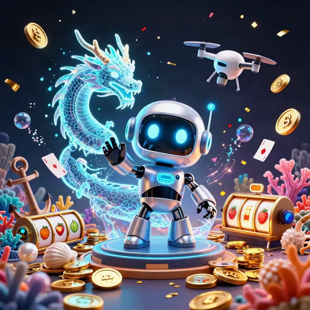 Chrome robot, holographic dragon, and coin drone amid treasure cove, coins, coral, and casino effects.