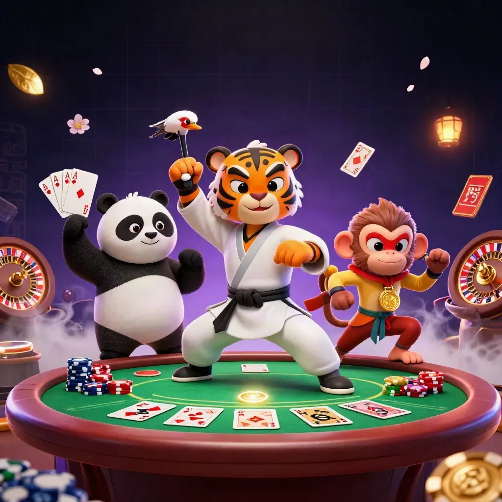Tiger, panda, and monkey in a neon casino kung-fu scene with cards and chips