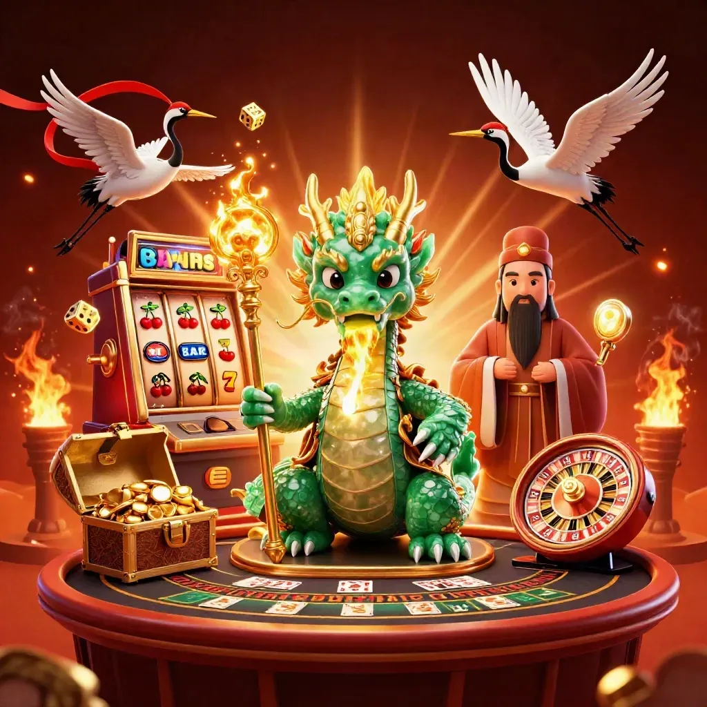 Jade dragon, turtle sage and cranes amid slot bursts, gold fire, dice, cards and casino treasure