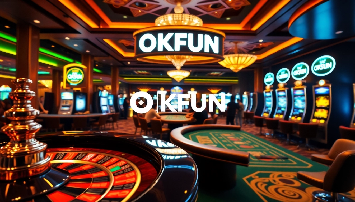 Experience the thrill of gaming at OKFUN, featuring vibrant casino tables and exciting players.