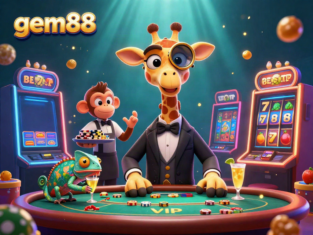 Engage in the lively atmosphere at gem88, featuring a high-roller giraffe and exotic characters at a vibrant VIP poker table.