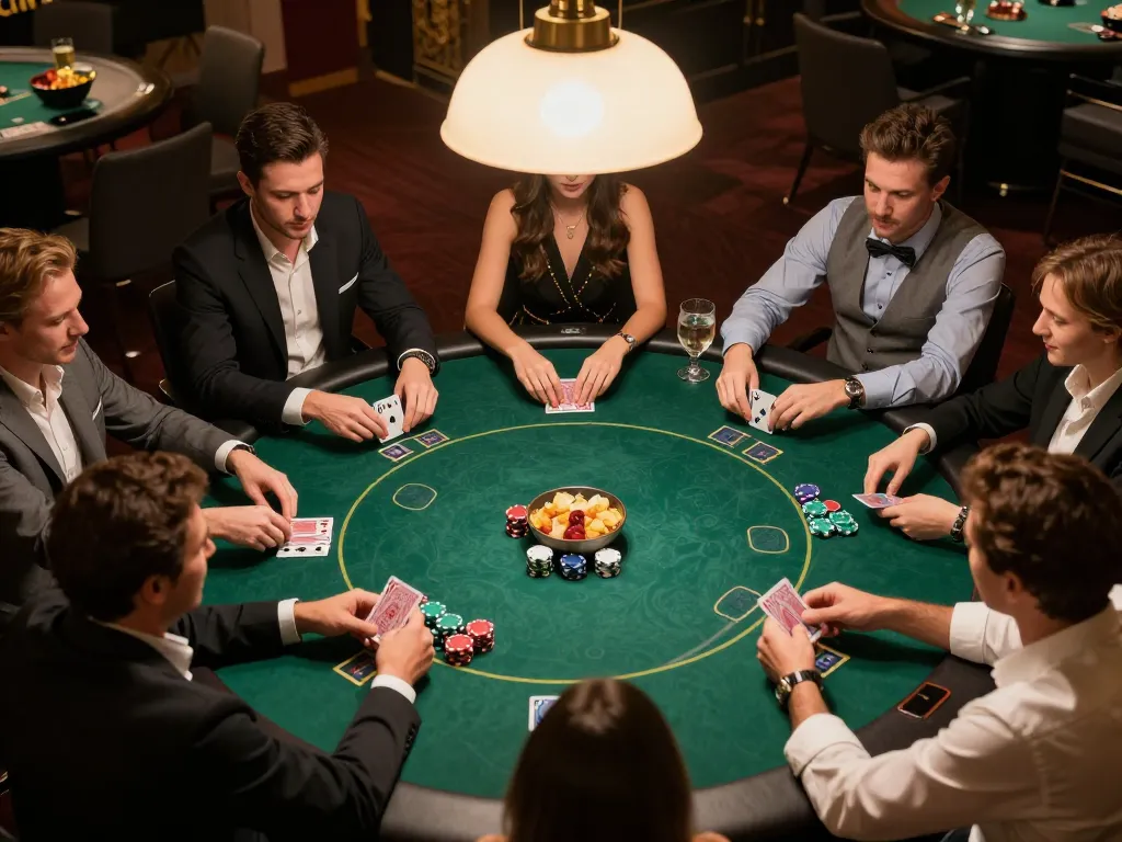 Rikvip players enjoying an exciting poker game, showcasing colorful chips and strategic gameplay in a private setting.