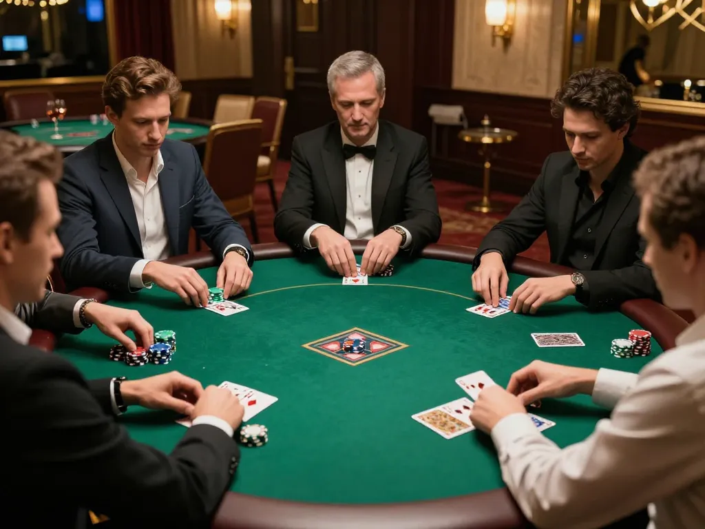 Players strategizing at a poker table in a private casino, showcasing 789betcom's high-stakes gaming experience.