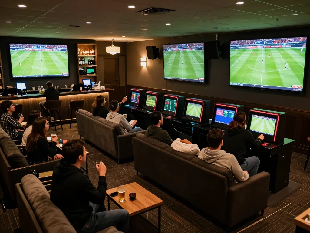 SOCOLIVE fans immersed in live soccer betting action in a vibrant sports lounge atmosphere.