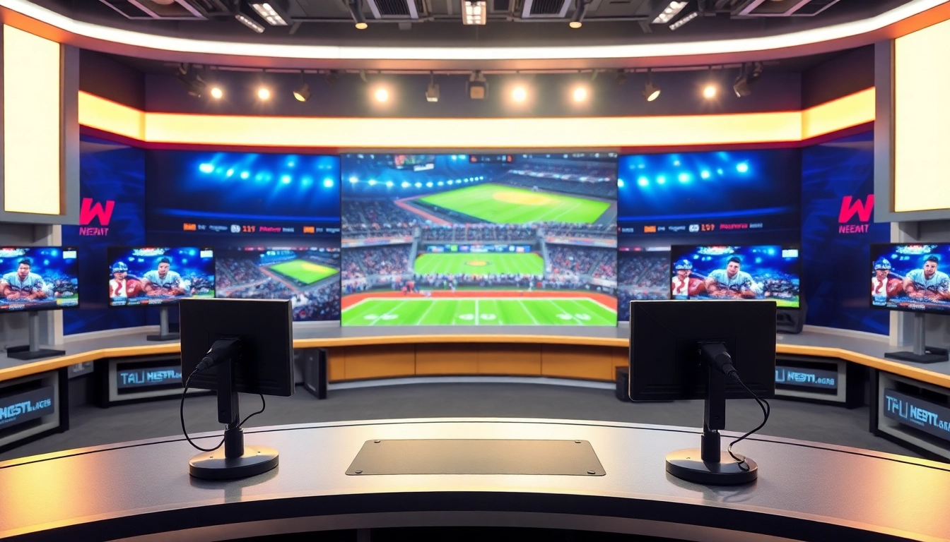 Engaging sports broadcasting set showcasing live game analysis with dynamic lighting.