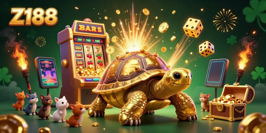 Experience the thrilling games at Z188 with a vibrant illustration of a golden tortoise pinball machine amidst a casino wonderland.