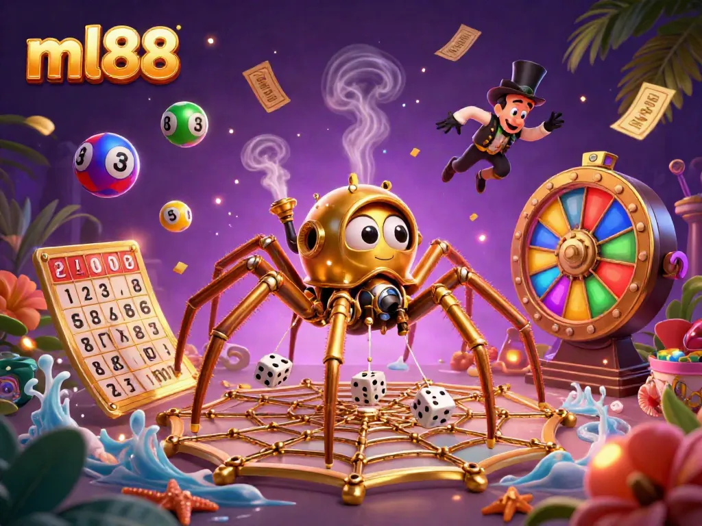 Experience the thrill of ml88 with a steampunk spider in a vibrant gambling scene, showcasing colorful lottery elements and dynamic energy.