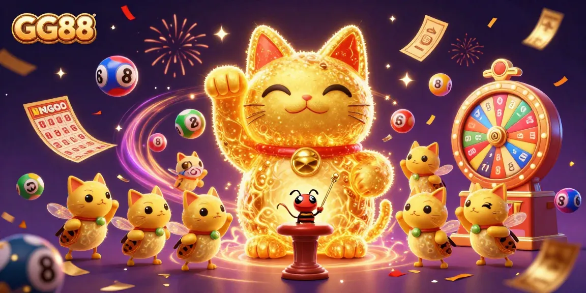 GG88 showcases the vibrant energy of an online casino with a waving lucky cat and dynamic game elements.