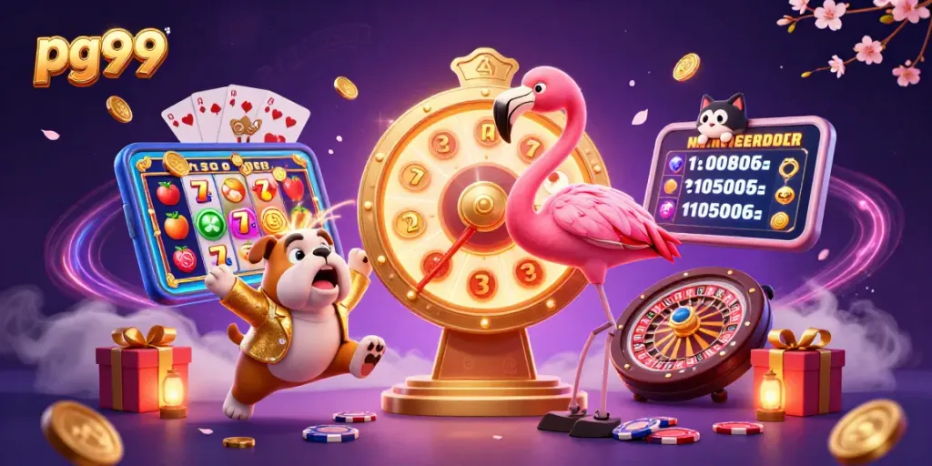 Spin the giant prize wheel with pg99 characters in this vibrant casino-themed illustration.