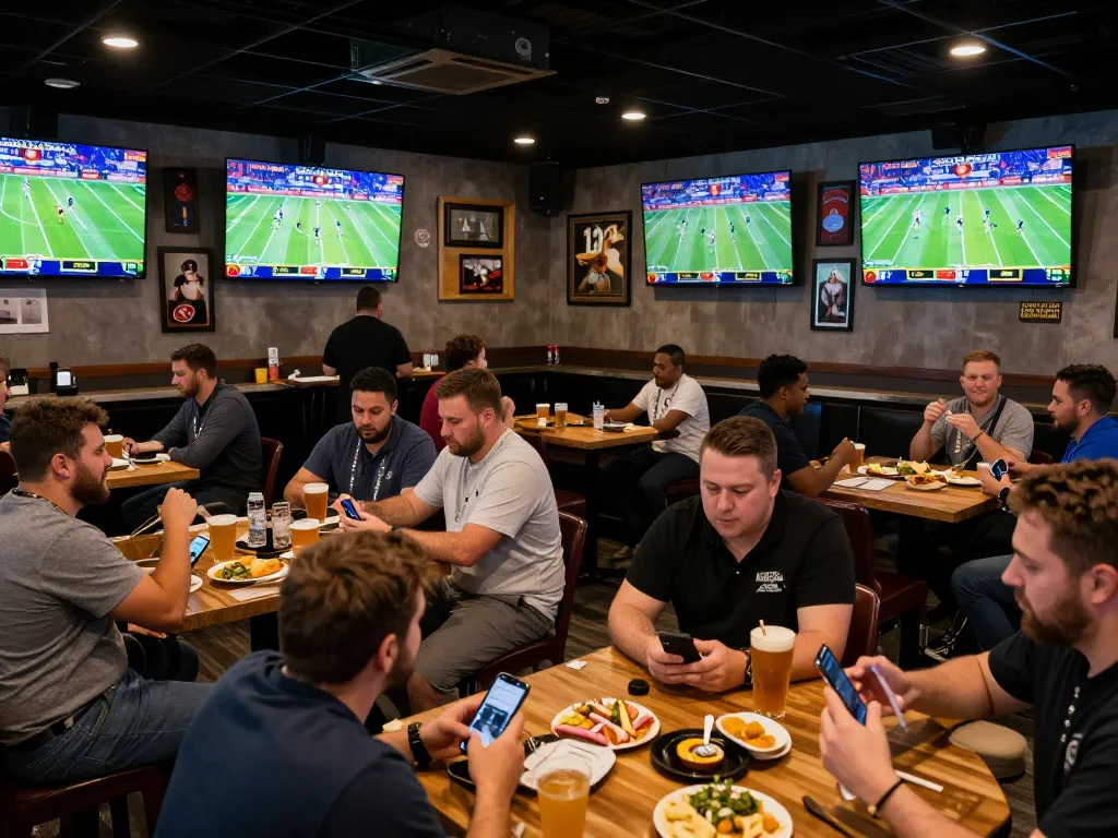 SBOBET enthusiasts placing bets on mobile devices in a lively sports betting bar setting.