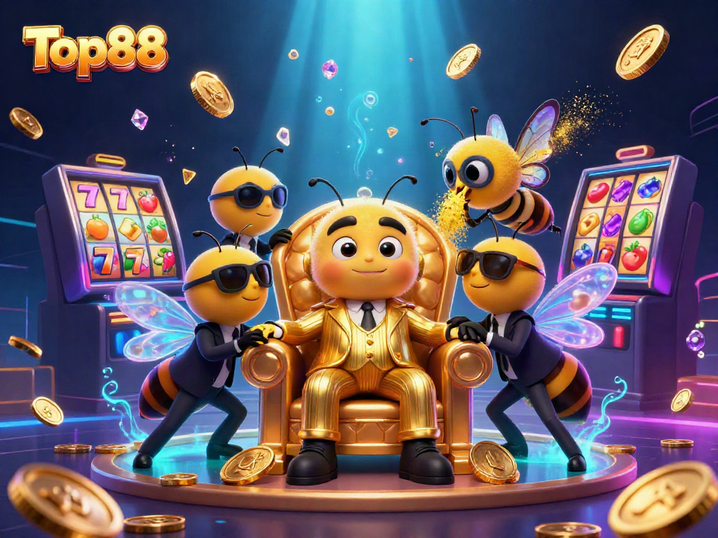Experience thrilling action with Top88 as a cartoon mob boss and characters in a vibrant casino scene.