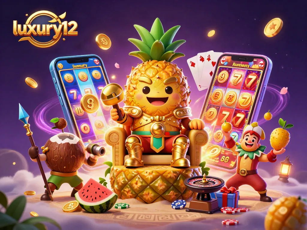Experience luxury12's vibrant golden pineapple king ruling over a dynamic casino adventure with spinning slots and cheerful game elements.