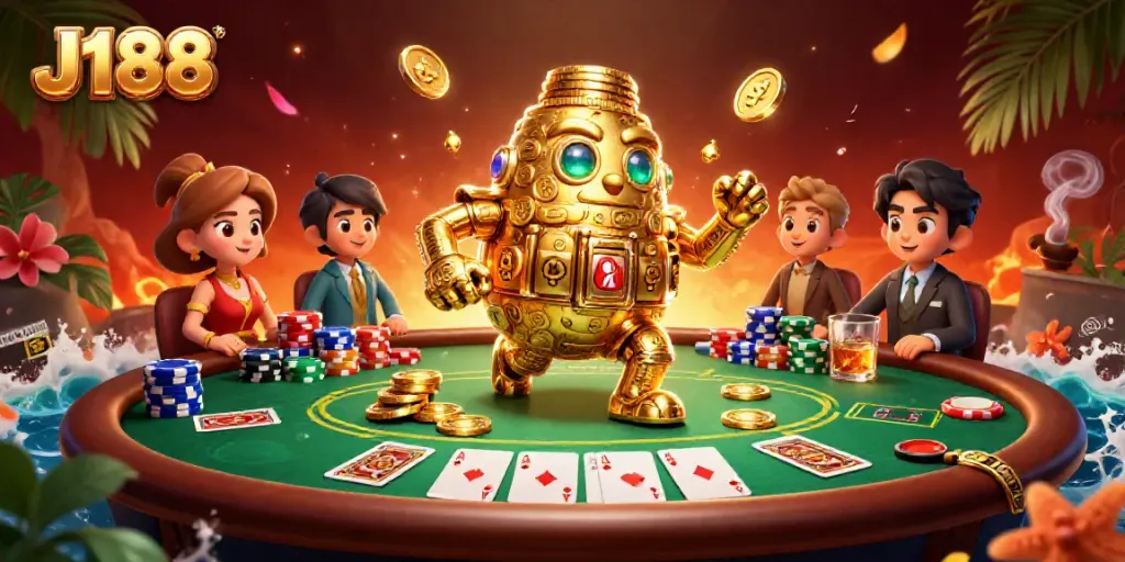 Experience exhilarating gameplay with J188, featuring a golden golem and vibrant poker elements.