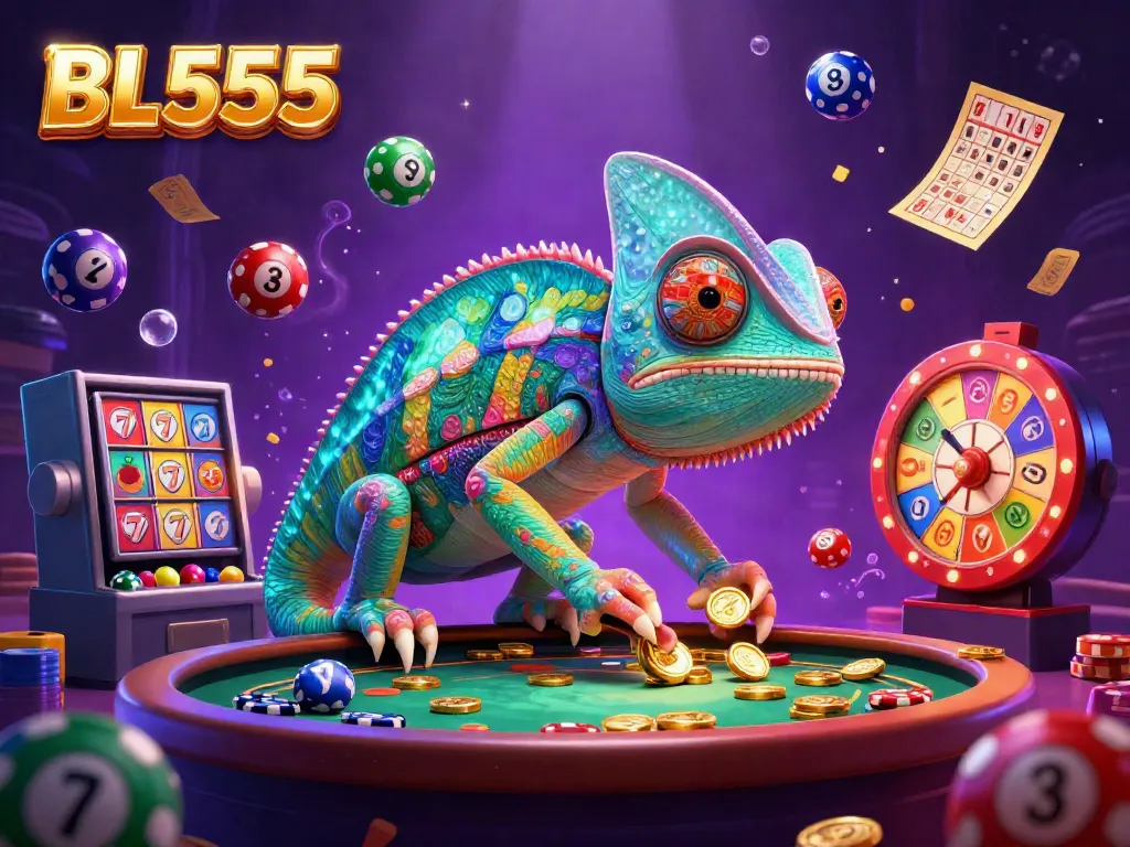 Engage with the thrill of BL555 casino as a chameleon owner oversees vibrant games and colorful prizes.