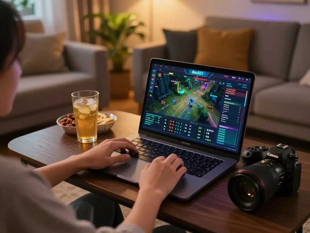 Player enjoying online gaming on betbdt66 with laptop showing exciting casino interface.