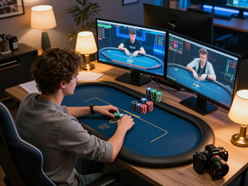 Cài đặt trò chơi poker trực tuyến LUCK8 với một người chơi tham gia, nhiều màn hình và ghi chú chiến lược.