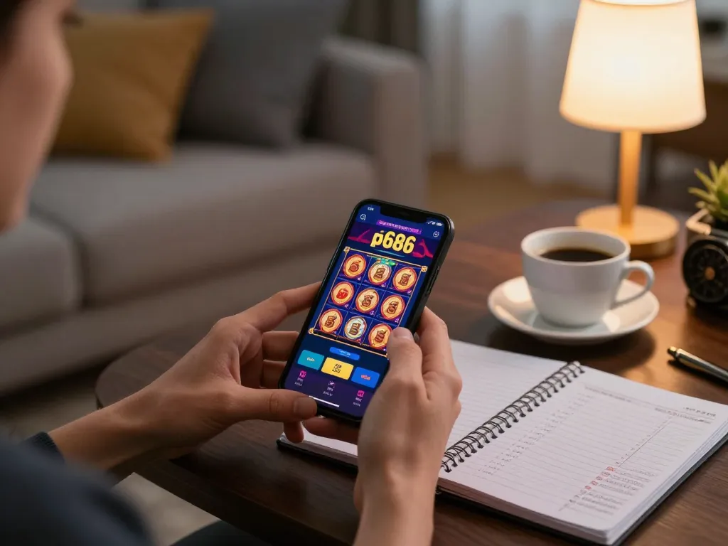 Berinteraksi dengan aplikasi kasino ap686 di smartphone dalam suasana rumah yang nyaman