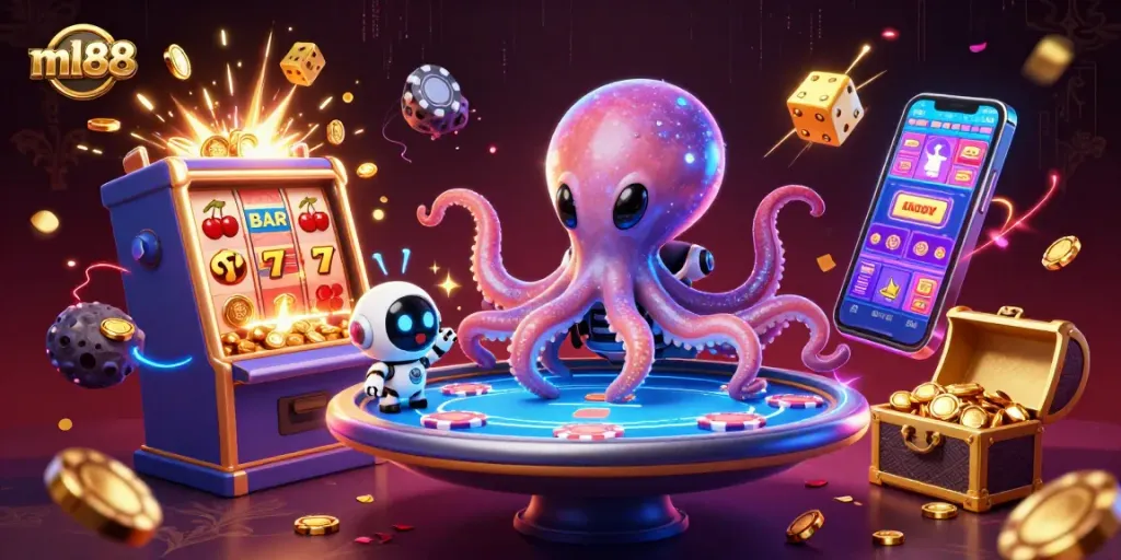 Spin the slot reels at ml88 with an alien octopus and robot companion, celebrating a jackpot!