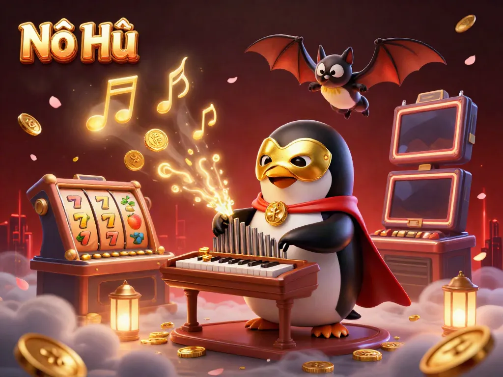 Engage in Nổ Hũ with a vibrant 3D scene featuring a penguin playing a magical organ surrounded by jackpots and golden coins.