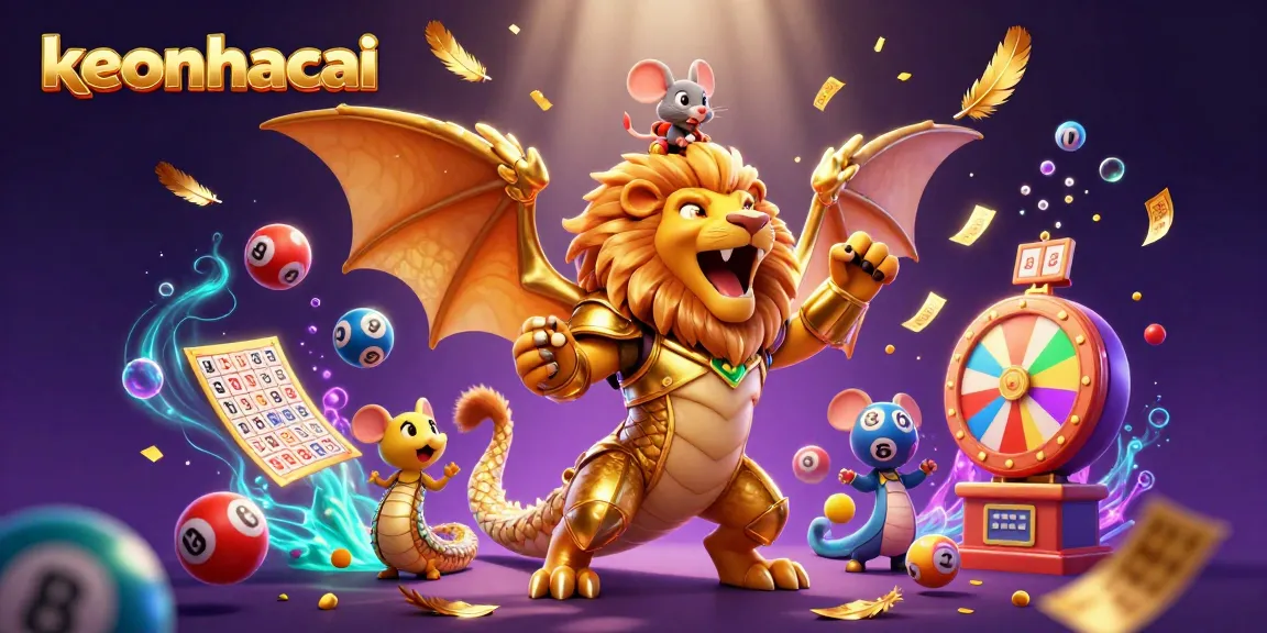 Engage with keonhacai in an energetic casino-themed illustration, showcasing a chimera and lively gambling elements.