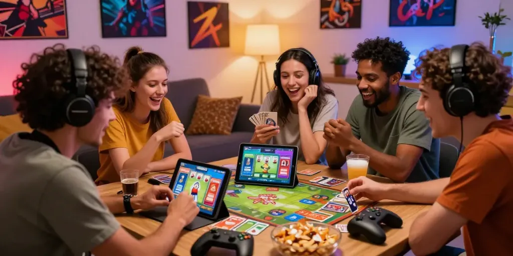 Friends enjoying a fun game of 3 Patti no1 in a cozy living room, showcasing a vibrant gaming atmosphere.