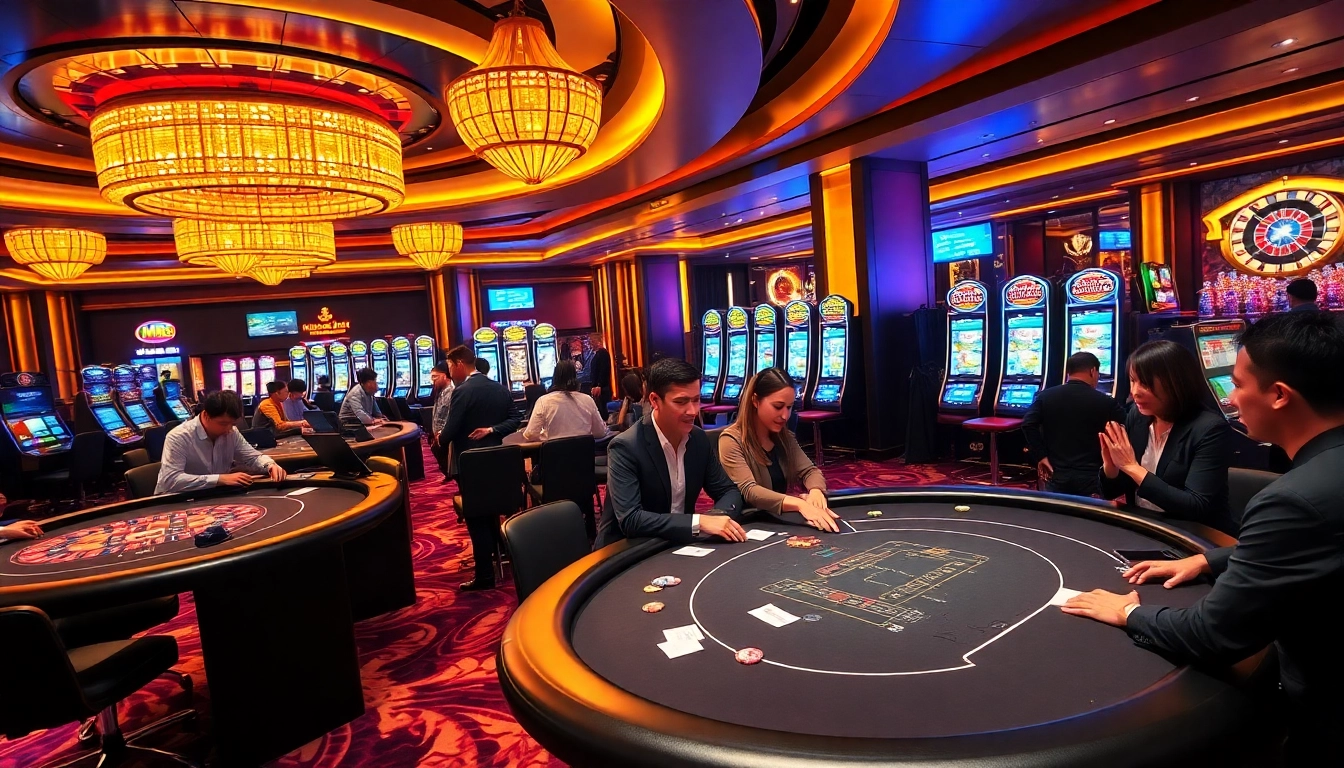 Engage at nhà cái mm88 with thrilling blackjack and vibrant slot machines in a luxurious casino setting.