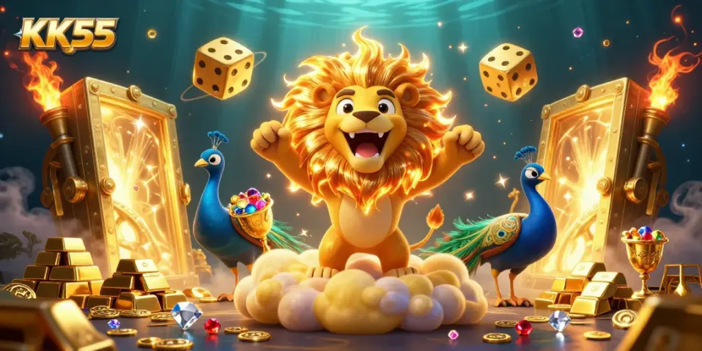 Experience winning spins with KK55 in this vibrant casino-themed illustration filled with gold and jewels.