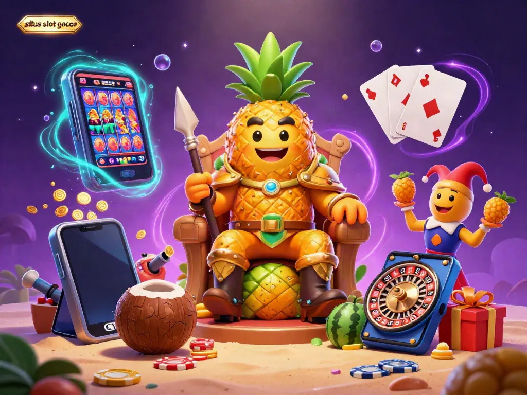 Splash into the fun with situs slot gacor showcasing a golden pineapple king on his fruit throne, surrounded by casino excitement.