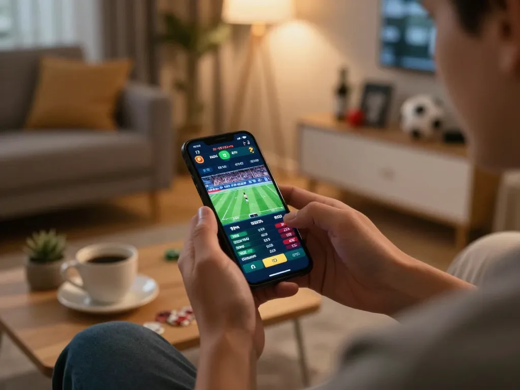 Bongdalu sports betting on smartphone while enjoying a cozy home atmosphere with warm lighting