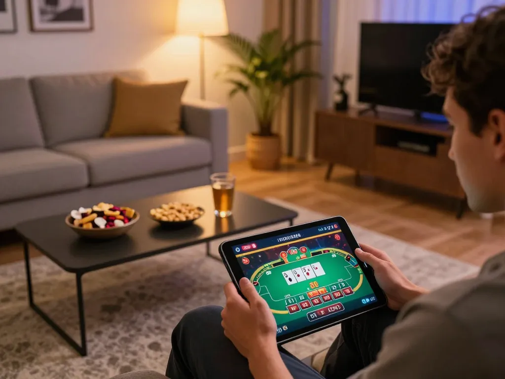 Engaging scene of Rikvip's online poker gameplay in a cozy living room setting