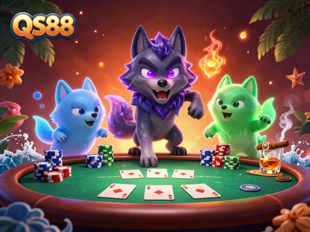 Experience thrilling gameplay at QS88 with poker chips and glowing wolf characters.