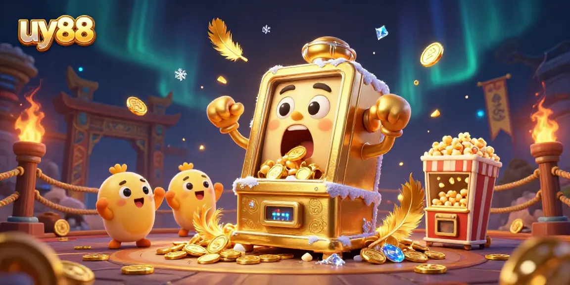 Spin the jackpot at uy88 with a lively slot machine celebration, coins pouring out.