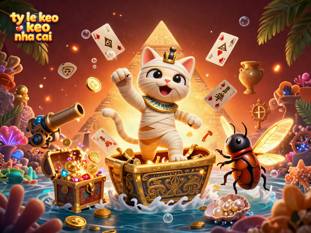 Bet on ty le keo nha cai with an engaging gaming scene featuring a mummy cat and treasure.