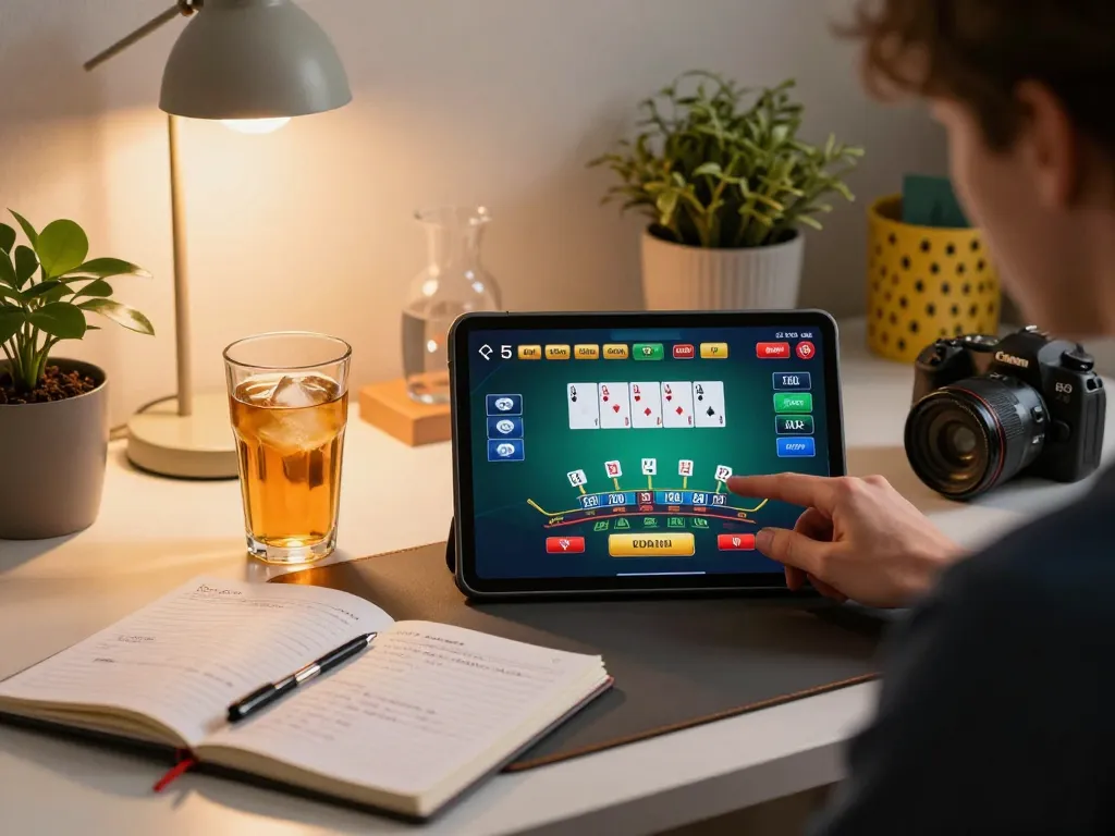 Engaging in blackjack on tablet in cozy setting, enhancing rik 88 gaming experience with strategic notes.