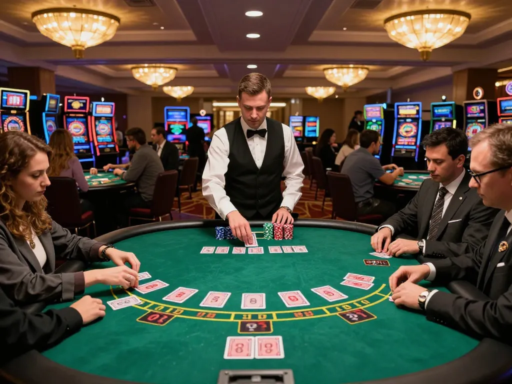 Gamblers engaged at blackjack tables showcasing strategic gameplay with SC88 atmosphere and thrilling casino environment